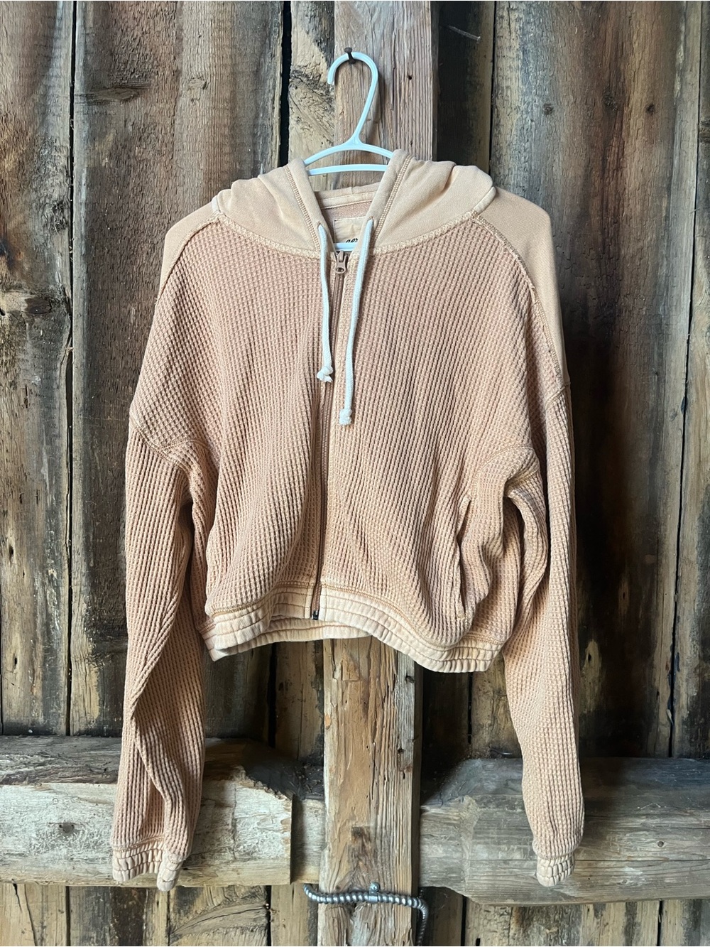 aerie Cropped Waffle-Knit Zip Hoodie — Beige/Tan